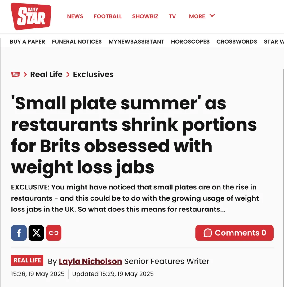Daily Star: 'Small plate summer' as restaurants shrink portions for Brits obsessed with weight loss jabs