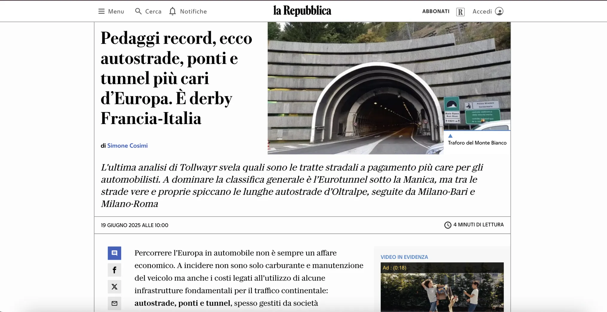 la Repubblica: Pedaggi record, ecco autostrade, ponti e tunnel piu cari d'Europa